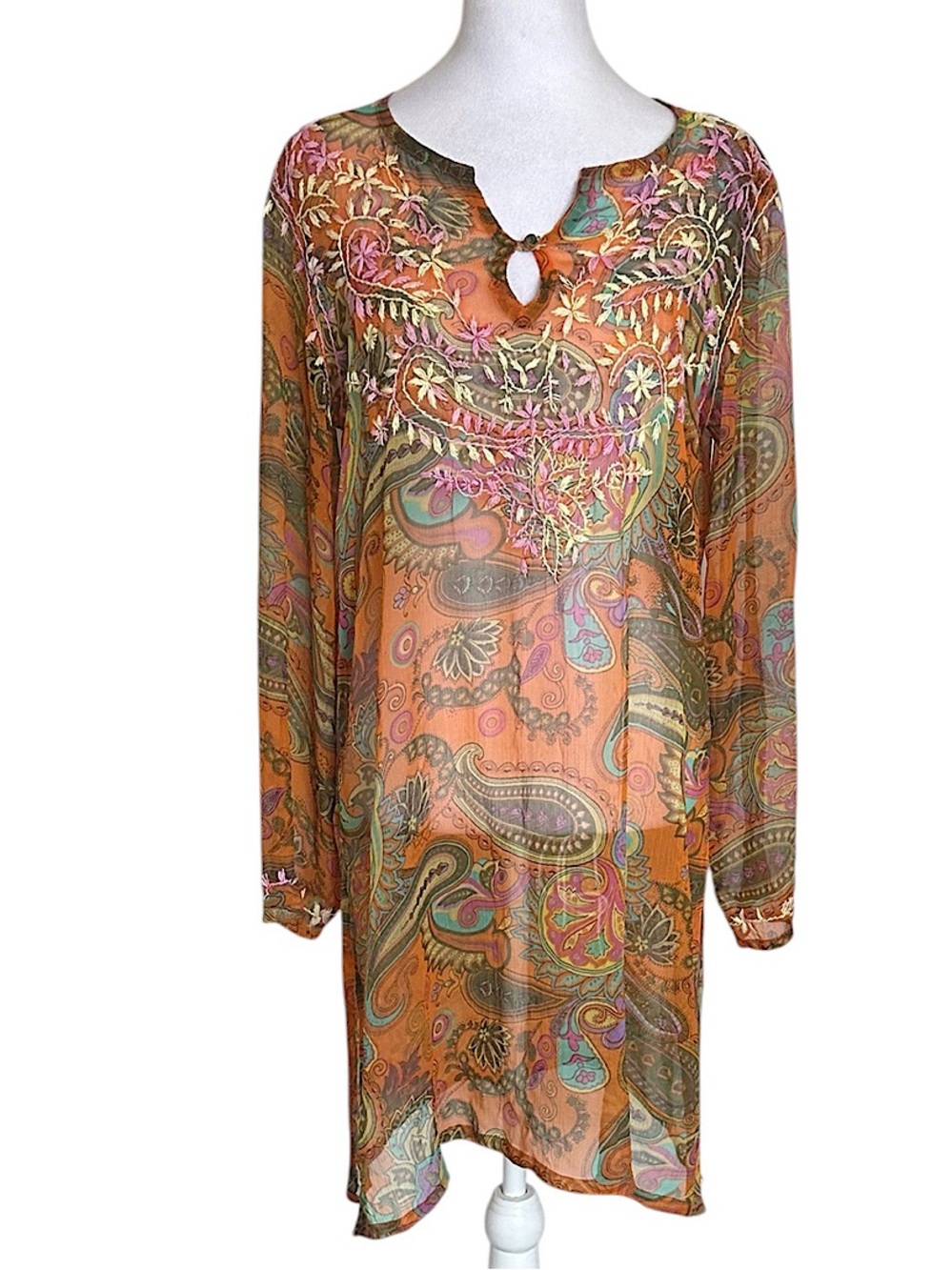 Raj Women’s Silk Parsley Embroidered Tunic Top Long Sleeves Side Slits Size L